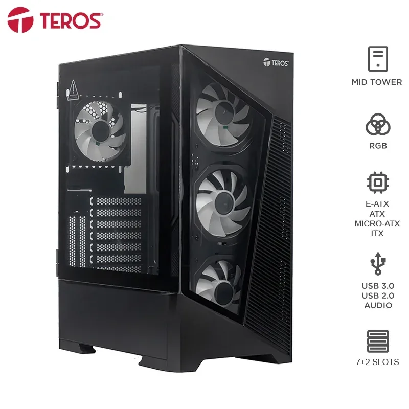 Case sin fuente gamer TEROS TE-1330G, Mid Tower, E-ATX/ATX/MICRO-ATX/IT, USB-A, Audio
