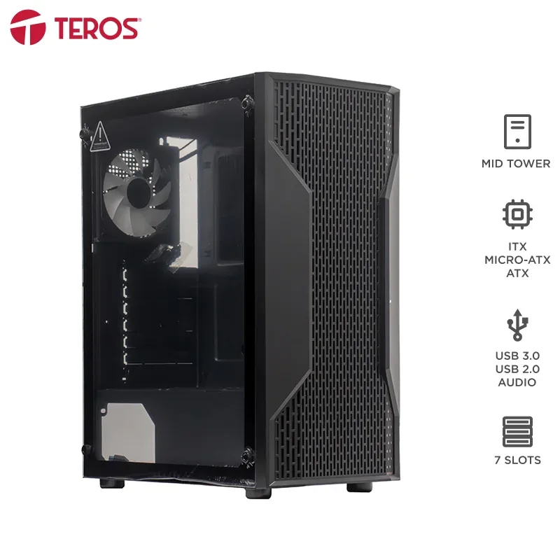 Case sin fuente gamer TEROS TE-1332G, Mid Tower, ITX/MICRO-ATX/ATX, USB-A, Audio